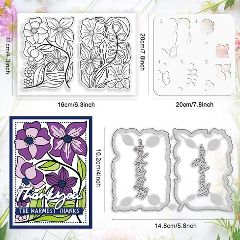 INFUNLY Layered Ranunculus Clear Stamps and Cutting Dies Set with Reusable Wall Painting Template for Card Making Floral Butterfly Silicone Stamps Words Die Cuts Stencils for DIY Craft Scrap-Booking in Saudi Arabia