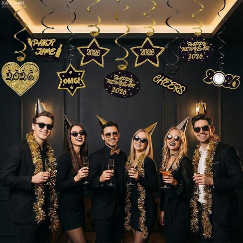 KatchOn، دوامات معلقة Happy New Year - عبوة من 32 قطعة، بدون DIY | لوازم حفلات رأس السنة الجديدة 2026 | زينة رأس السنة 2026 | زينة معلقة للعام الجديد | ناي ديكورات 2026، ناي لوازم الحفلات in Saudi Arabia