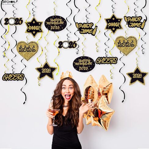 KatchOn، دوامات معلقة Happy New Year - عبوة من 32 قطعة، بدون DIY | لوازم حفلات رأس السنة الجديدة 2026 | زينة رأس السنة 2026 | زينة معلقة للعام الجديد | ناي ديكورات 2026، ناي لوازم الحفلات in Saudi Arabia