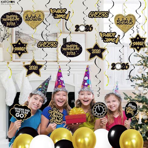 KatchOn، دوامات معلقة Happy New Year - عبوة من 32 قطعة، بدون DIY | لوازم حفلات رأس السنة الجديدة 2026 | زينة رأس السنة 2026 | زينة معلقة للعام الجديد | ناي ديكورات 2026، ناي لوازم الحفلات in Saudi Arabia
