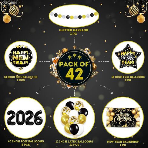 مجموعة KatchOn، ديكورات ضخمة للعام الجديد 2026 - عبوة من 44 قطعة | لافتة رأس السنة الجديدة باللونين الذهبي والأسود، أرقام بالونات 2026 | بالونات رأس السنة الجديدة لديكورات رأس السنة الجديدة، لوازم حفلات ليلة رأس السنة الجديدة 2026 in Kuwait