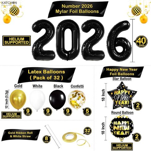 مجموعة KatchOn، ديكورات ضخمة للعام الجديد 2026 - عبوة من 44 قطعة | لافتة رأس السنة الجديدة باللونين الذهبي والأسود، أرقام بالونات 2026 | بالونات رأس السنة الجديدة لديكورات رأس السنة الجديدة، لوازم حفلات ليلة رأس السنة الجديدة 2026 in Kuwait