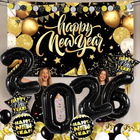 مجموعة KatchOn، ديكورات ضخمة للعام الجديد 2026 - عبوة من 44 قطعة | لافتة رأس السنة الجديدة باللونين الذهبي والأسود، أرقام بالونات 2026 | بالونات رأس السنة الجديدة لديكورات رأس السنة الجديدة، لوازم حفلات ليلة رأس السنة الجديدة 2026 in Kuwait