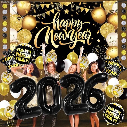 مجموعة KatchOn، ديكورات ضخمة للعام الجديد 2026 - عبوة من 44 قطعة | لافتة رأس السنة الجديدة باللونين الذهبي والأسود، أرقام بالونات 2026 | بالونات رأس السنة الجديدة لديكورات رأس السنة الجديدة، لوازم حفلات ليلة رأس السنة الجديدة 2026 in Kuwait
