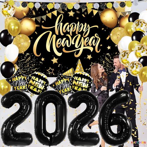 مجموعة KatchOn، ديكورات ضخمة للعام الجديد 2026 - عبوة من 44 قطعة | لافتة رأس السنة الجديدة باللونين الذهبي والأسود، أرقام بالونات 2026 | بالونات رأس السنة الجديدة لديكورات رأس السنة الجديدة، لوازم حفلات ليلة رأس السنة الجديدة 2026 in Kuwait