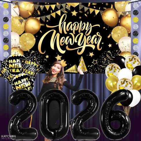 مجموعة KatchOn، ديكورات ضخمة للعام الجديد 2026 - عبوة من 44 قطعة | لافتة رأس السنة الجديدة باللونين الذهبي والأسود، أرقام بالونات 2026 | بالونات رأس السنة الجديدة لديكورات رأس السنة الجديدة، لوازم حفلات ليلة رأس السنة الجديدة 2026 in Kuwait