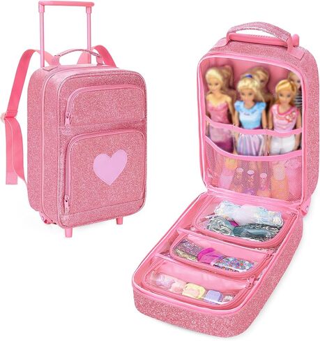 LoDrid Travel Backpack Compatible with Barbie Dolls 12-inch, Doll Carrying Case with Wheels, Suitcase Storage Organizer with Multiple Pockets for Doll Clothes and Accessories, Pink, Bag Only in Saudi Arabia