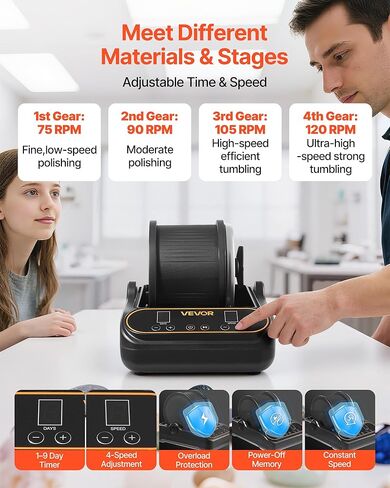 VEVOR Rock Tumbler, 3 lb Rock Polishing Machine, Rocks Tumbling Kit with 4-Speed Adjustment, 1–9 Day Timer, PC Sound Reduction Cover & TPU Drum, Direct Drive Motor Rocks Polishing, Quiet Operation in Saudi Arabia
