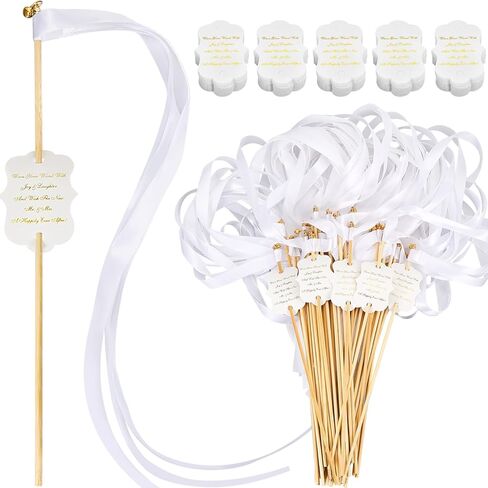 Janinka 50 Sets Ribbon Wedding Wands with Sticks and Bells Bulk Ribbon Dancer Wands Sparklers Wedding Send Off Items Party Favors Streamers Party Celebration Decorations (White) in Kuwait
