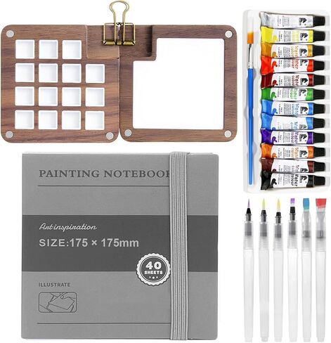 مجموعة لوحة ألوان مائية صغيرة محمولة مكونة من 7 قطع مجموعة ألوان مائية خشبية للسفر مع 3 فرش و12 لونًا وصندوق لوحة ألوان خشبي وكتاب للمشابك والرسم ومجموعة ألوان مائية للمبتدئين والمحترفين in Kuwait