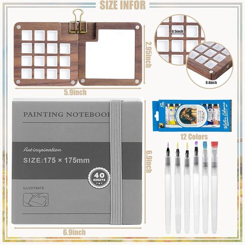 مجموعة لوحة ألوان مائية صغيرة محمولة مكونة من 7 قطع مجموعة ألوان مائية خشبية للسفر مع 3 فرش و12 لونًا وصندوق لوحة ألوان خشبي وكتاب للمشابك والرسم ومجموعة ألوان مائية للمبتدئين والمحترفين in Kuwait