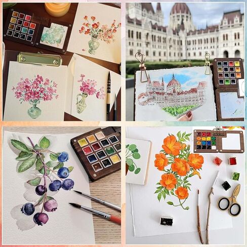 مجموعة لوحة ألوان مائية صغيرة محمولة مكونة من 7 قطع مجموعة ألوان مائية خشبية للسفر مع 3 فرش و12 لونًا وصندوق لوحة ألوان خشبي وكتاب للمشابك والرسم ومجموعة ألوان مائية للمبتدئين والمحترفين in Kuwait