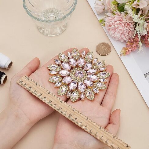 Round Rhinestone Applique 11x10.3cm/4.3x4.1Inch Light Rose Crystal with Metal Chain Back DIY Sewing Rhinestone Patch for Wedding Bridal Dress Clothes DIY Garments in Saudi Arabia