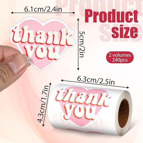 2 Rolls 2.4 Inch Pink Heart Labels, 240 Pcs Thank You Stickers, Large Personalized Self-Adhesive Sealing Sticker, Pink Thank You Stickers for Gift Packaging, Small Business in Saudi Arabia