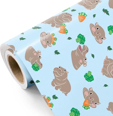 WRAPAHOLIC Hippo Flower Wrapping Paper Roll - Mini Roll - 17 Inch x 16.5 Feet - Pink Floral and Cartoon Hippo Wrapping Paper for Birthday, Baby Shower, Wedding, Bridal Shower in Saudi Arabia