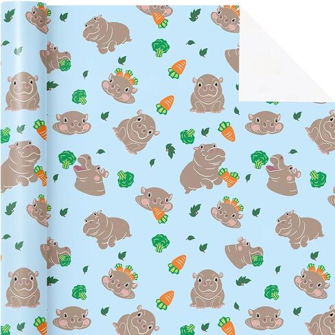 WRAPAHOLIC Hippo Flower Wrapping Paper Roll - Mini Roll - 17 Inch x 16.5 Feet - Pink Floral and Cartoon Hippo Wrapping Paper for Birthday, Baby Shower, Wedding, Bridal Shower in Saudi Arabia