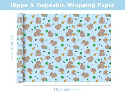 WRAPAHOLIC Hippo Flower Wrapping Paper Roll - Mini Roll - 17 Inch x 16.5 Feet - Pink Floral and Cartoon Hippo Wrapping Paper for Birthday, Baby Shower, Wedding, Bridal Shower in Saudi Arabia