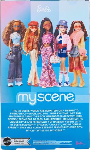 دمية Barbie Signature My Scene Jai وإكسسواراتها، وضفائر سوداء، وزي مستوحى من Y2K مع بلوزة وردية، وسترة من الفينيل، وسروال واسع مزين بالزهور وحامل دمية in Saudi Arabia