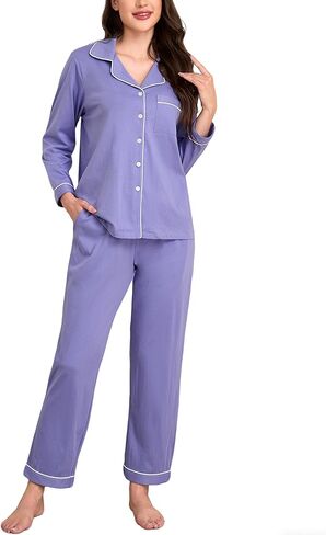 EA'S SECRET Womens Pajama Sets 100% Cotton Long Sleeve Shirt and Pants Soft Sleepwear Loungewear Button Down Pj Set in Kuwait