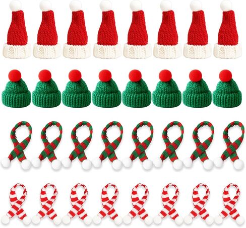 32 Pieces Miniature ,HatsMini Hats for Crafts, 8 Green Hats and RED Hats, 8 Red and GreenScarves, 8 Red and White Scarves, Cotton Material for DIY Projects, Holiday Decorations in Kuwait