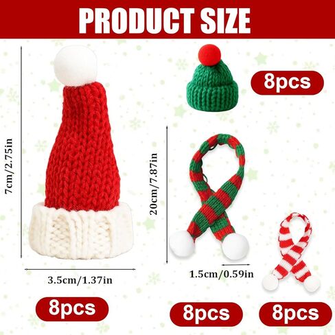 32 Pieces Miniature ,HatsMini Hats for Crafts, 8 Green Hats and RED Hats, 8 Red and GreenScarves, 8 Red and White Scarves, Cotton Material for DIY Projects, Holiday Decorations in Kuwait