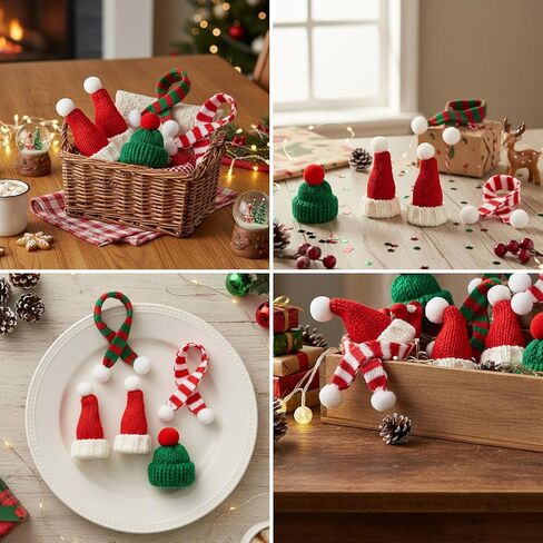 32 Pieces Miniature ,HatsMini Hats for Crafts, 8 Green Hats and RED Hats, 8 Red and GreenScarves, 8 Red and White Scarves, Cotton Material for DIY Projects, Holiday Decorations in Kuwait