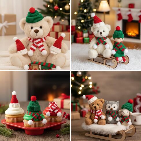 32 Pieces Miniature ,HatsMini Hats for Crafts, 8 Green Hats and RED Hats, 8 Red and GreenScarves, 8 Red and White Scarves, Cotton Material for DIY Projects, Holiday Decorations in Kuwait