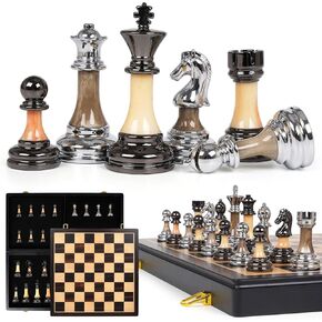 Luxury Large Metal & Acrylic Chess Set with Wooden Chess Board (17") – Weighted Chess Pieces with 3.5" King, Foldable Tournament Chess Set for Adults & Kids, Professional Chess Game Set in Saudi Arabia