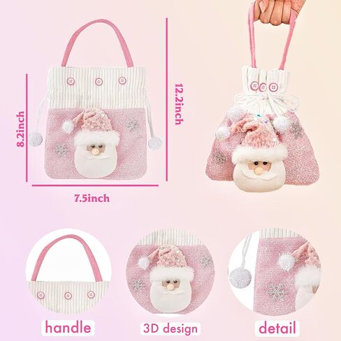 Fiarbrty 3PCS عيد الميلاد حمل حقيبة، أكياس سانتا الوردية للهدايا، 3D سانتا ثلج الرنة، قابلة لإعادة الاستخدام الرباط أكياس هدية الوردي، حقيبة دمية عيد الميلاد للحلوى حزب عطلة هدية in Kuwait