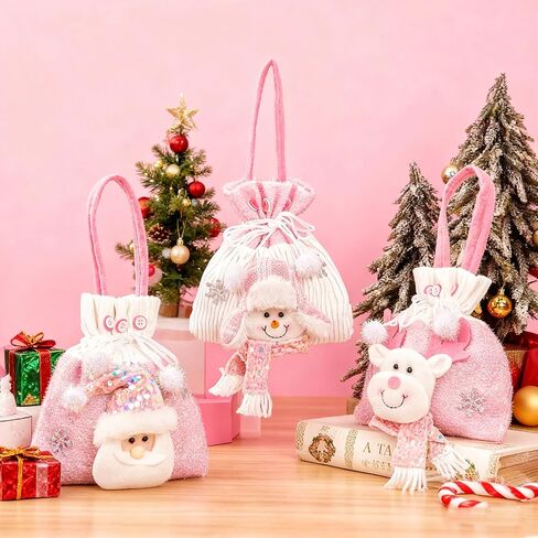 Fiarbrty 3PCS عيد الميلاد حمل حقيبة، أكياس سانتا الوردية للهدايا، 3D سانتا ثلج الرنة، قابلة لإعادة الاستخدام الرباط أكياس هدية الوردي، حقيبة دمية عيد الميلاد للحلوى حزب عطلة هدية in Kuwait