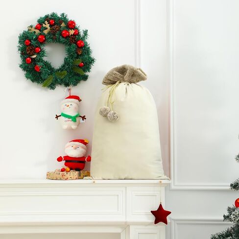 Christmas Santa Sack, Reusable Drawstring Plush Large Xmas Gift Bag for New Year Christmas Party Supplies Favors （Style A White） in Saudi Arabia