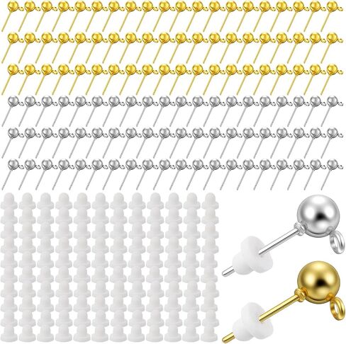 Xindojuz 120 PCS Earring Posts for Jewelry Making, Round Ball Studs Earring Findings Studs with Loop and Clear Earrings Backs for DIY Jewelry Making Findings Supplies (Silver & Gold) in Saudi Arabia