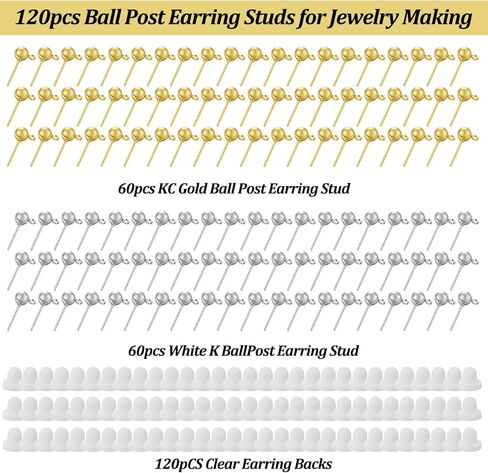 Xindojuz 120 PCS Earring Posts for Jewelry Making, Round Ball Studs Earring Findings Studs with Loop and Clear Earrings Backs for DIY Jewelry Making Findings Supplies (Silver & Gold) in Saudi Arabia