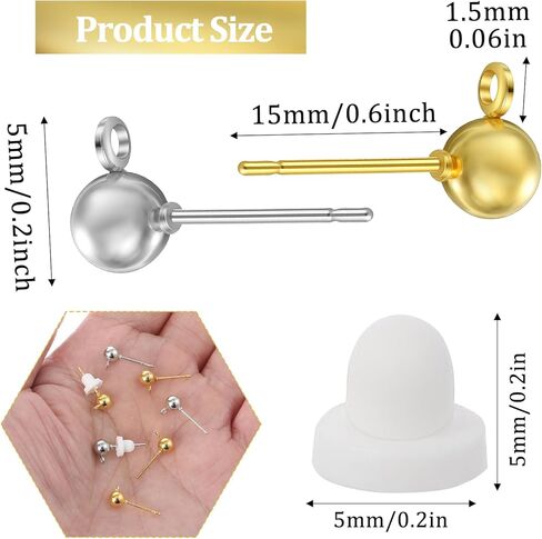 Xindojuz 120 PCS Earring Posts for Jewelry Making, Round Ball Studs Earring Findings Studs with Loop and Clear Earrings Backs for DIY Jewelry Making Findings Supplies (Silver & Gold) in Saudi Arabia