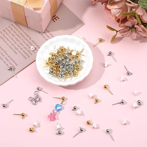 Xindojuz 120 PCS Earring Posts for Jewelry Making, Round Ball Studs Earring Findings Studs with Loop and Clear Earrings Backs for DIY Jewelry Making Findings Supplies (Silver & Gold) in Saudi Arabia