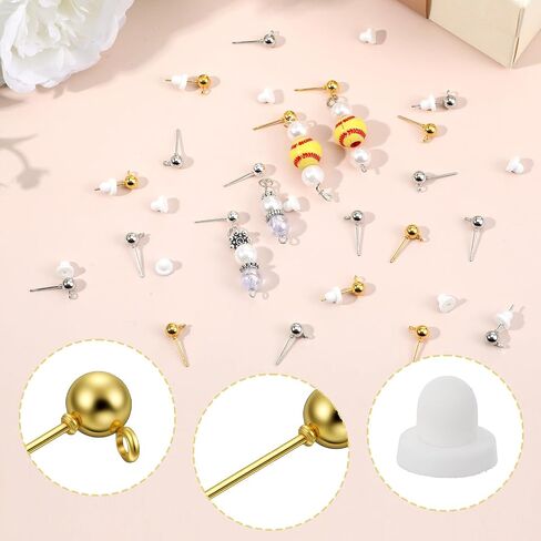 Xindojuz 120 PCS Earring Posts for Jewelry Making, Round Ball Studs Earring Findings Studs with Loop and Clear Earrings Backs for DIY Jewelry Making Findings Supplies (Silver & Gold) in Saudi Arabia