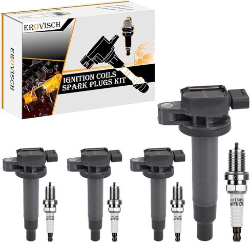 Pack 4 UF316 Ignition Coil & Spark Plug - Compatible with Toyota 2004-2006 Scion xA xB, 2000-2005 Echo, Prius C Yaris - 1.5L L4 Engine - Replaces # 90919-02240 C1305 in Kuwait