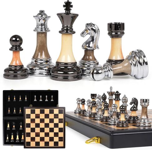Luxury Large Metal & Acrylic Chess Set with Wooden Chess Board (17") – Weighted Chess Pieces with 3.5" King, Foldable Tournament Chess Set for Adults & Kids, Professional Chess Game Set in Saudi Arabia
