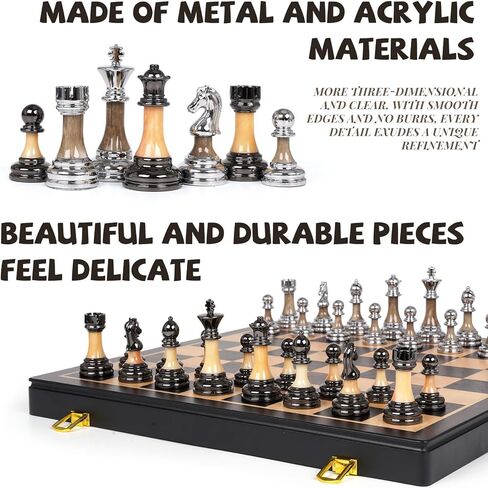 Luxury Large Metal & Acrylic Chess Set with Wooden Chess Board (17") – Weighted Chess Pieces with 3.5" King, Foldable Tournament Chess Set for Adults & Kids, Professional Chess Game Set in Saudi Arabia