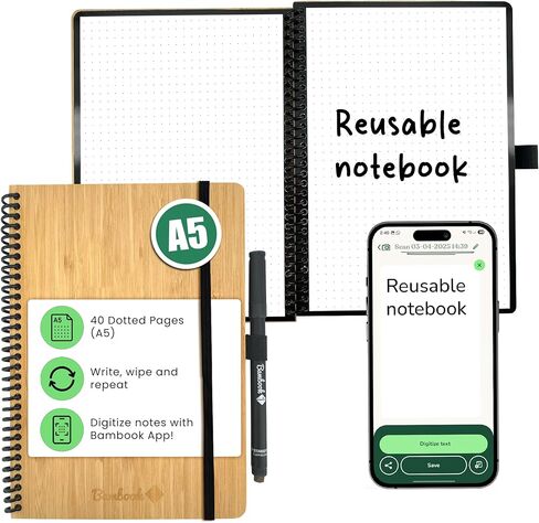 BAMBOOK Classic Notebook - Bamboo Wood Hardcover - A5 - Dotted Reusable Notebook, Notepad, Reusable Notebook in Saudi Arabia