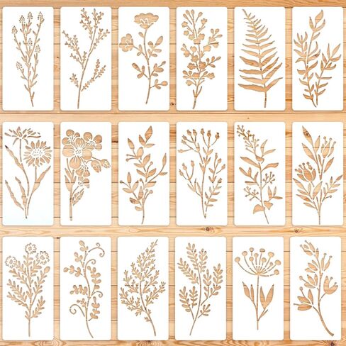 XUEJIE 18 Sheet Flower Stencils for Painting, 6 x 3 Inch Reusable Flower Leaf Stencils, Floral Small Stencil Templates with Leaf Vine Designs for DIY Crafts, Wood Walls, Card Making, Home Decor in Saudi Arabia