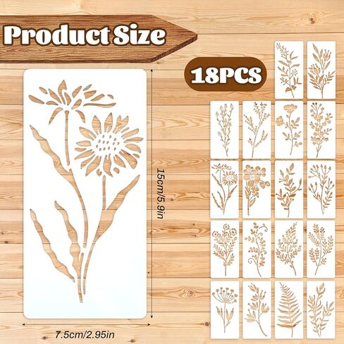 XUEJIE 18 Sheet Flower Stencils for Painting, 6 x 3 Inch Reusable Flower Leaf Stencils, Floral Small Stencil Templates with Leaf Vine Designs for DIY Crafts, Wood Walls, Card Making, Home Decor in Saudi Arabia