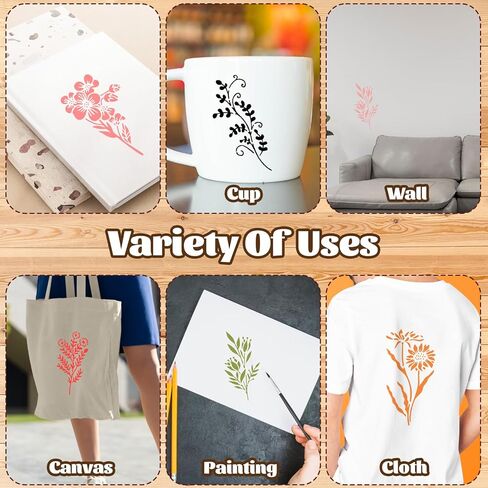XUEJIE 18 Sheet Flower Stencils for Painting, 6 x 3 Inch Reusable Flower Leaf Stencils, Floral Small Stencil Templates with Leaf Vine Designs for DIY Crafts, Wood Walls, Card Making, Home Decor in Saudi Arabia