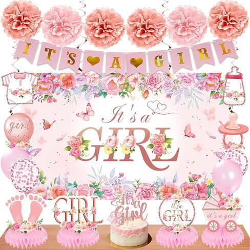 Baby Shower Decoration for Girl Pink Rose Floral Gender Reveal Party Supplies, It's a Girl Banner Backdrop Poster Table Honeycomb Centerpiece Cake Topper Balloon Sash Pregnancy Announcement in Saudi Arabia
