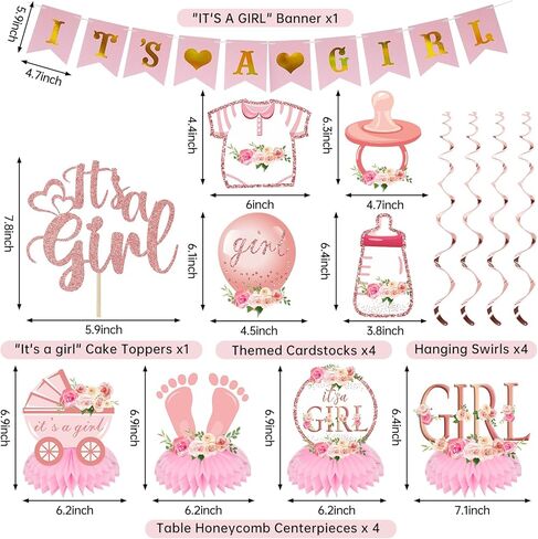 Baby Shower Decoration for Girl Pink Rose Floral Gender Reveal Party Supplies, It's a Girl Banner Backdrop Poster Table Honeycomb Centerpiece Cake Topper Balloon Sash Pregnancy Announcement in Saudi Arabia