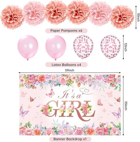 Baby Shower Decoration for Girl Pink Rose Floral Gender Reveal Party Supplies, It's a Girl Banner Backdrop Poster Table Honeycomb Centerpiece Cake Topper Balloon Sash Pregnancy Announcement in Saudi Arabia