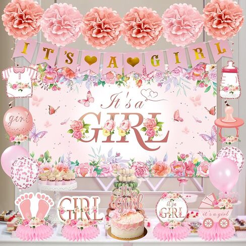 Baby Shower Decoration for Girl Pink Rose Floral Gender Reveal Party Supplies, It's a Girl Banner Backdrop Poster Table Honeycomb Centerpiece Cake Topper Balloon Sash Pregnancy Announcement in Saudi Arabia