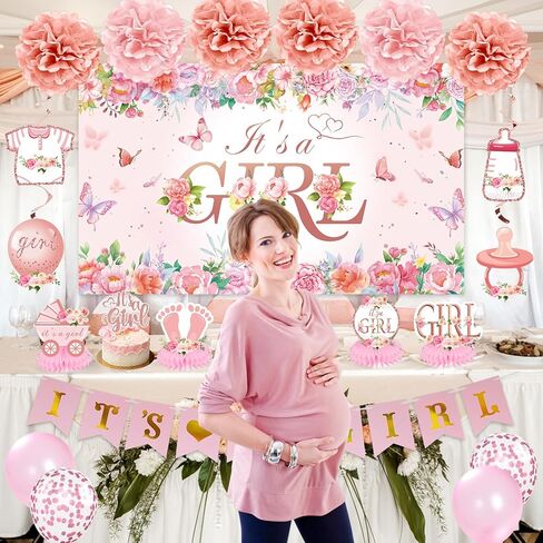Baby Shower Decoration for Girl Pink Rose Floral Gender Reveal Party Supplies, It's a Girl Banner Backdrop Poster Table Honeycomb Centerpiece Cake Topper Balloon Sash Pregnancy Announcement in Saudi Arabia
