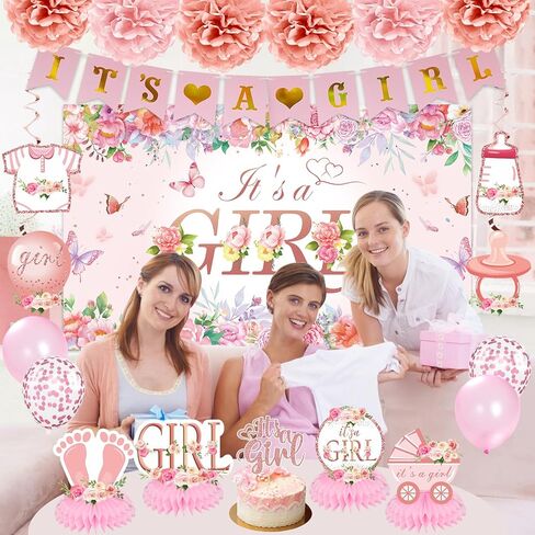Baby Shower Decoration for Girl Pink Rose Floral Gender Reveal Party Supplies, It's a Girl Banner Backdrop Poster Table Honeycomb Centerpiece Cake Topper Balloon Sash Pregnancy Announcement in Saudi Arabia
