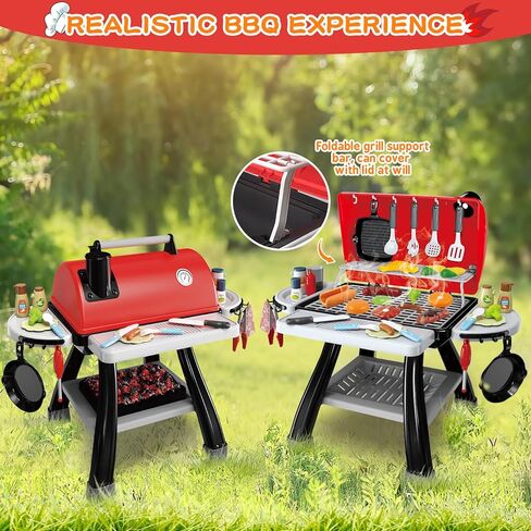 Kids Play Kitchen Toys, Kids BBQ Grill Kitchen Playset with Smoke, Sound & Light, Pretend Play Food Toys Cooking Set, 2-Layer Barbecue Outdoor Play Grill Toy Gift for Toddler Boys Girls 3-5 in Kuwait